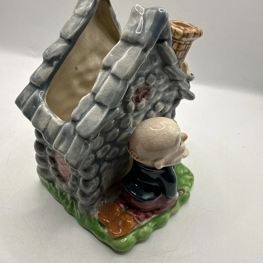Vintage Japan Ceramic Blacksmith Gnome Log Cabin Pocket Planter Novelty Vase Vtg